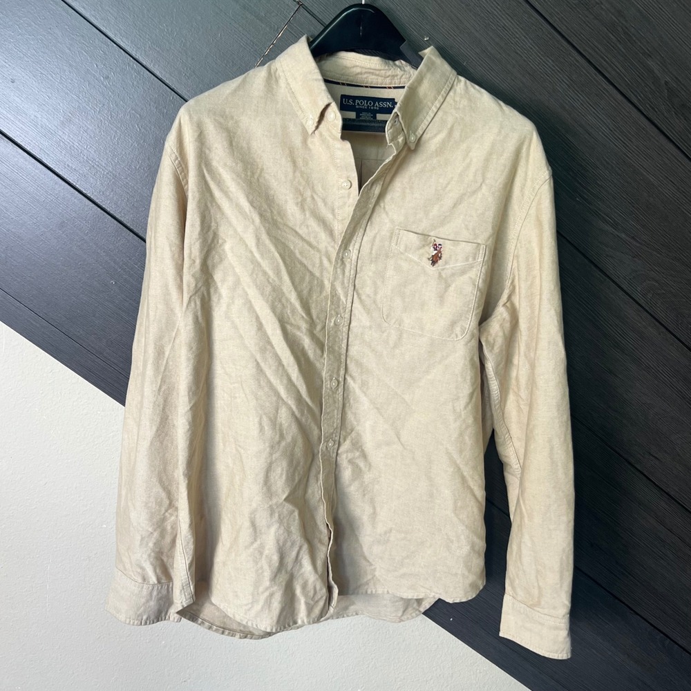 U.S. Polo Assn. Men's Oxford Button Down Shirt Long Sleeve Beige Large Cotton